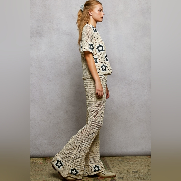 POL High-Rise Star Patchwork Openwork Granny Crochet Flare Leg Retro 70’s Pants - Picture 4 of 16